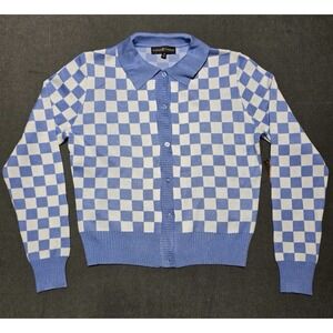 Almost Famous Crew Cardigan Sweater‎ Checked Blue White Button Front Long Sleeve